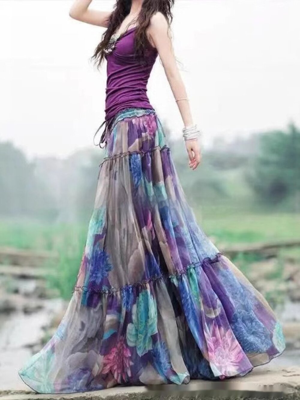 Women's Printed A-Line Skirt – Elastic Waist Vintage Flared Skirt